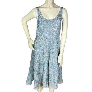 Carmen Marc Valvo Signature Silk Dress Sleeveless Fit and Flare Ribbon Appliqué
